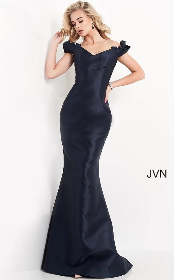 high-low prom dressesJVN04717 Navy Off the Shoulder Mermaid Prom Dress