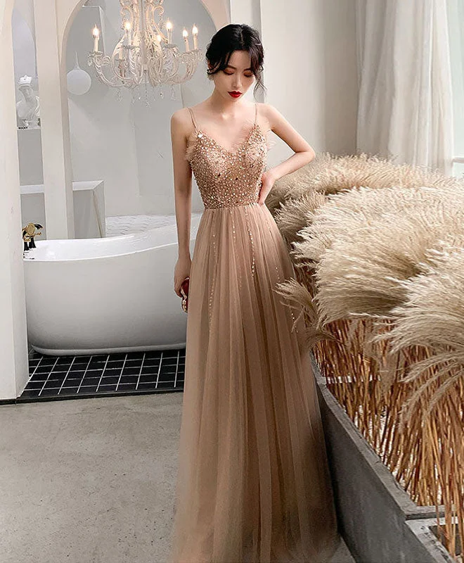 beaded prom dressesChampagne Sweetheart Tulle Beads Long Prom Dress Tulle Formal Dress