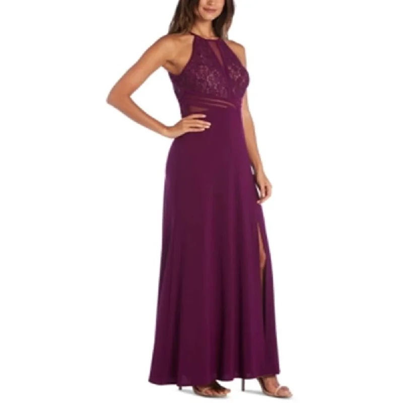 Sleeveless Dress Petite SizeMorgan & Company Women's Glitter Slitted Sleeveless Halter Full Length Formal Pleated Dress Purple Size 5