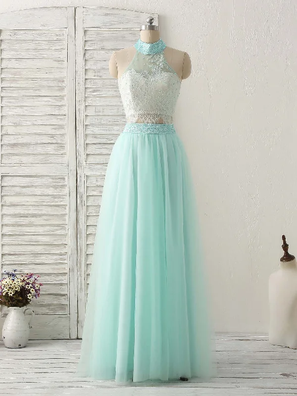 prom dress style guidesGreen Tulle Two Pieces Long Prom Dress Lace Beads Formal Dress