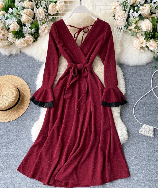 Fresh Long Sleeves DressStylish v neck long sleeve dress  1024