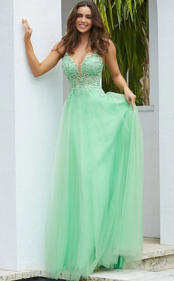 floral prom dressesJVN07595 Lime Illusion Bodice Tulle Prom Gown