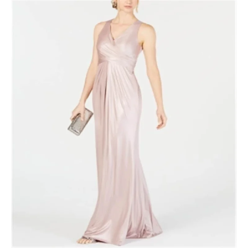 Sleeveless Dress In LeatherAdrianna Papell Women's Zippered Metallic Sleeveless V Neck Full Length Formal Mermaid Dress Pink Size 10