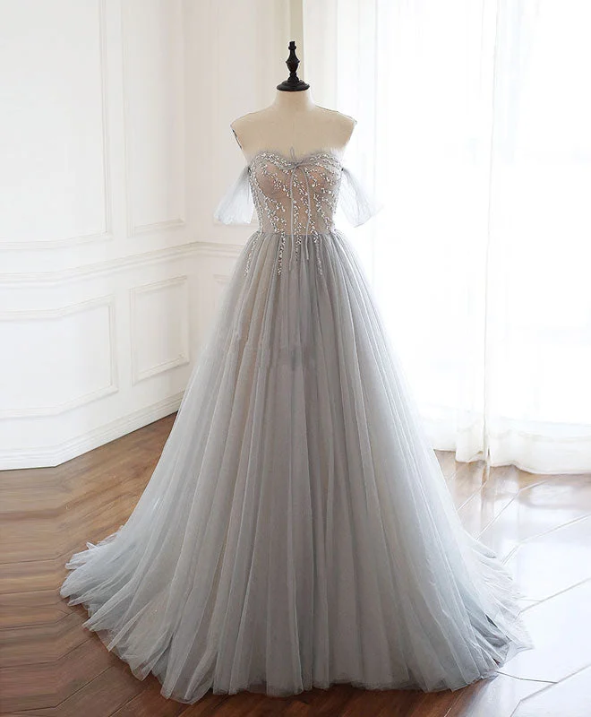 prom dress style guidesGray Sweetheart Tulle Beads Long Prom Dress Gray Tulle Formal Dress