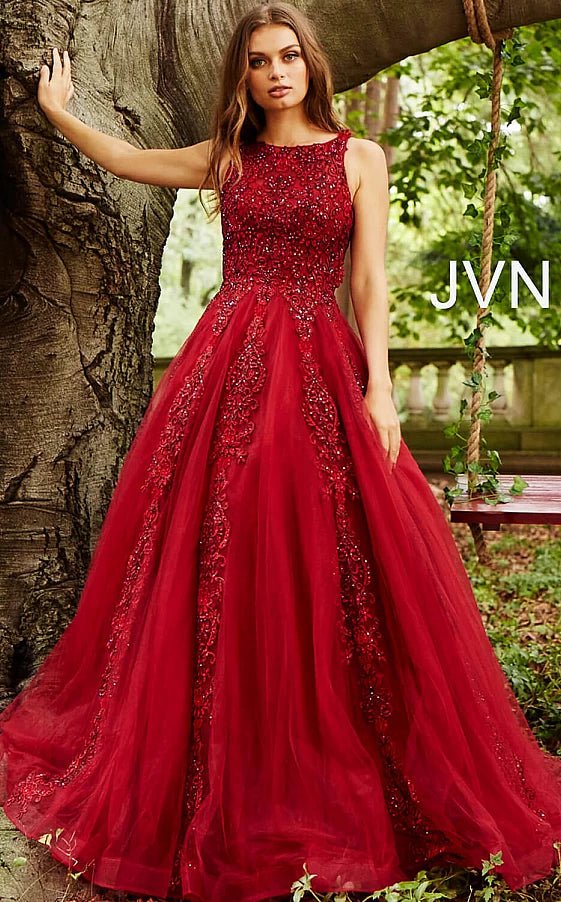 two-piece prom dressesJVN59046 Burgundy Embellished Sleeveless Tulle Prom Ballgown