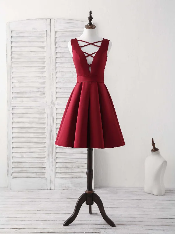 prom dresses for hourglass figuresSimple V Neck Burgundy Short Prom Dress Satin Homecoming Dress