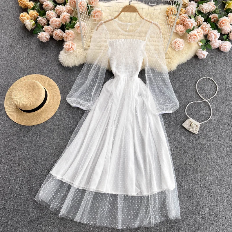 Flowing Maxi Long Sleeves DressCute A line tulle long sleeve dress fashion dress  627