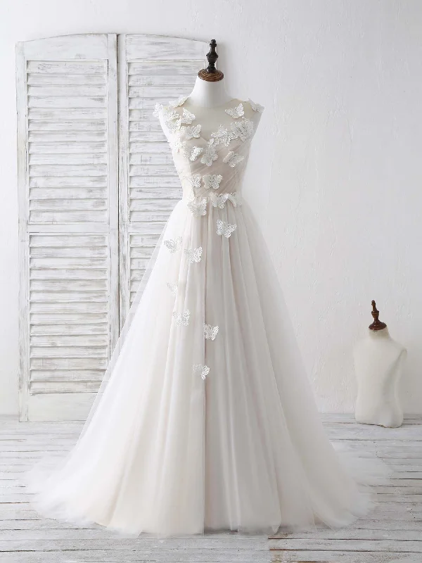 tulle prom dressesUnique White Round Neck Tulle 3D Lace Applique Long Prom Dresses