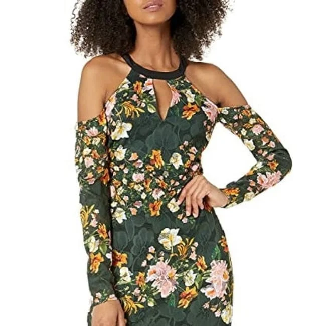 Fuzzy Long Sleeves Mother of the Bride DressGuess Women's Cold Shoulder Floral Long Sleeve Halter Short Body Con Dress Green Size 2