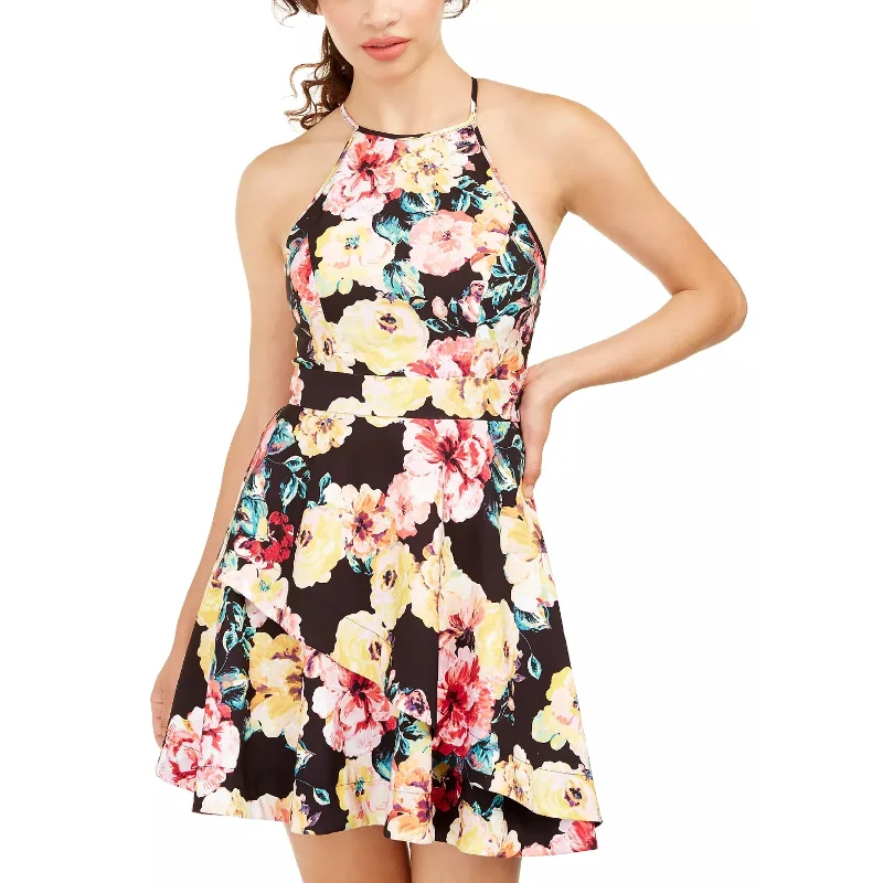 Sleeveless Dress FlaredSpeechless Women's Floral Sleeveless Halter Short Fit + Flare Dress Floral/ Black Size 00