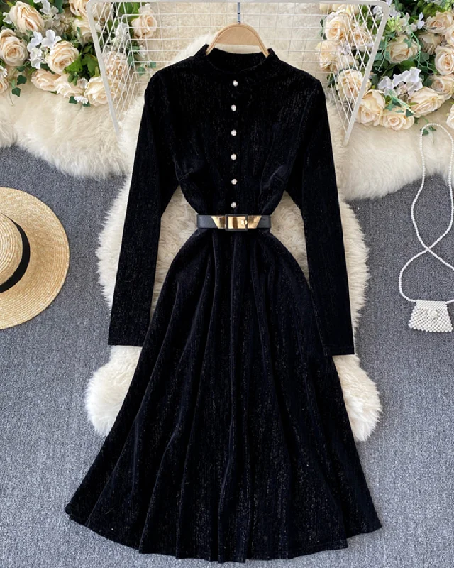 Fancy Long Sleeves Wedding Guest DressElegant A line velvet dress long sleeve dress  923