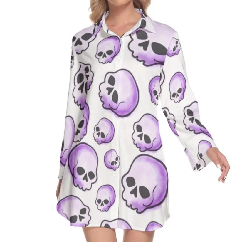 Fancy Long Sleeves Satin Slip DressWomen's Purple Skulls Lapel Shirt Dress With Long Sleeve