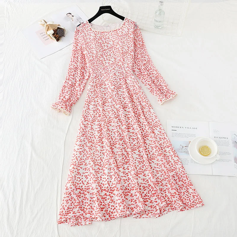 Flowing Maxi Long Sleeves DressSmall fresh long sleeve square neck thin Floral Chiffon Dress  2419