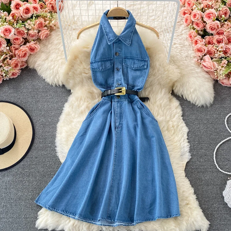 Sleeveless Dress With Halter NeckSleeveless denim medium length open back Lapel dress  3213