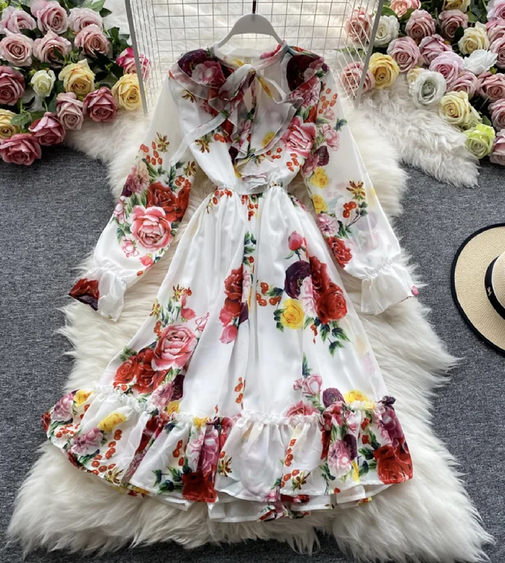 Flowery Long Sleeves Smock DressStylish long sleeve floral dress  778