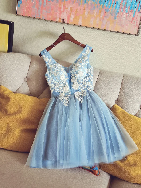 prom dress inspiration galleriesCute V Neck Light Blue Tulle Lace Short Prom Dress Blue Homecoming Dress