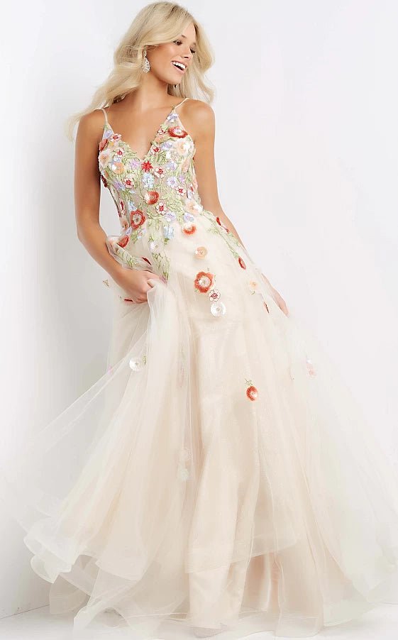 prom dress accessoriesJVN08082 Nude Floral Appliques A Line Prom Gown