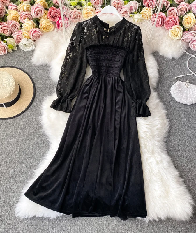 Flexible Fit Long Sleeves DressElegant black velvet lace dress long sleeve dress  986