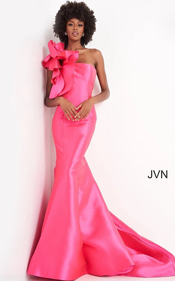 elegant prom dressesJVN00650 Fuchsia One Shoulder Mermaid Prom Dress