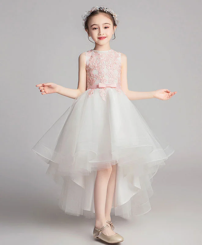 prom dresses for springWhite Round Neck Tulle Lace High Low Prom Dress, Lace Flower Girl Dress