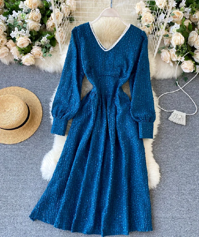 Fitted Floral Long Sleeves DressBlue v neck long sleeve dress  978