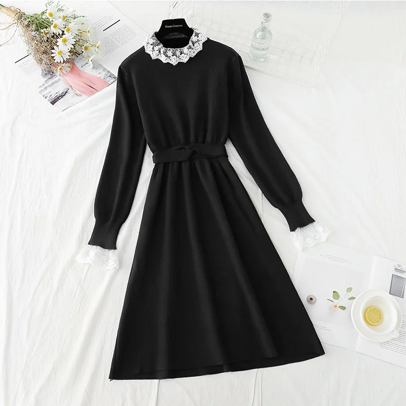 Fancy Lace Long Sleeves DressLace stitched knit dress half high neck slim long sleeve  2404