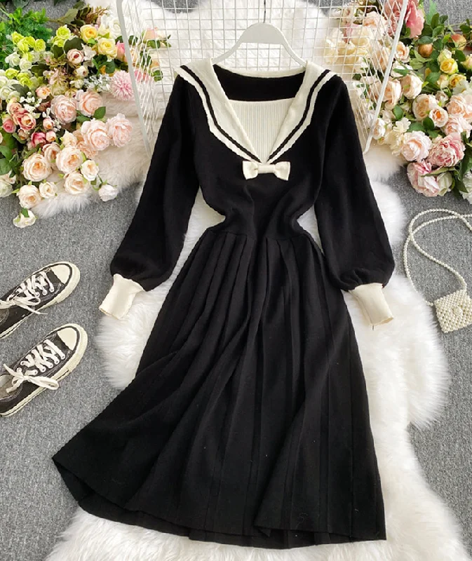 Flexible Long Sleeves DressBlack navy style knitted dress long sleeve dress  1010