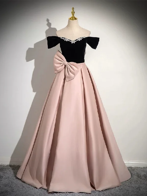 two-piece prom dressesA-Line Off Shoulder Satin Pink Long Prom Dress, Pink Long Formal Dress