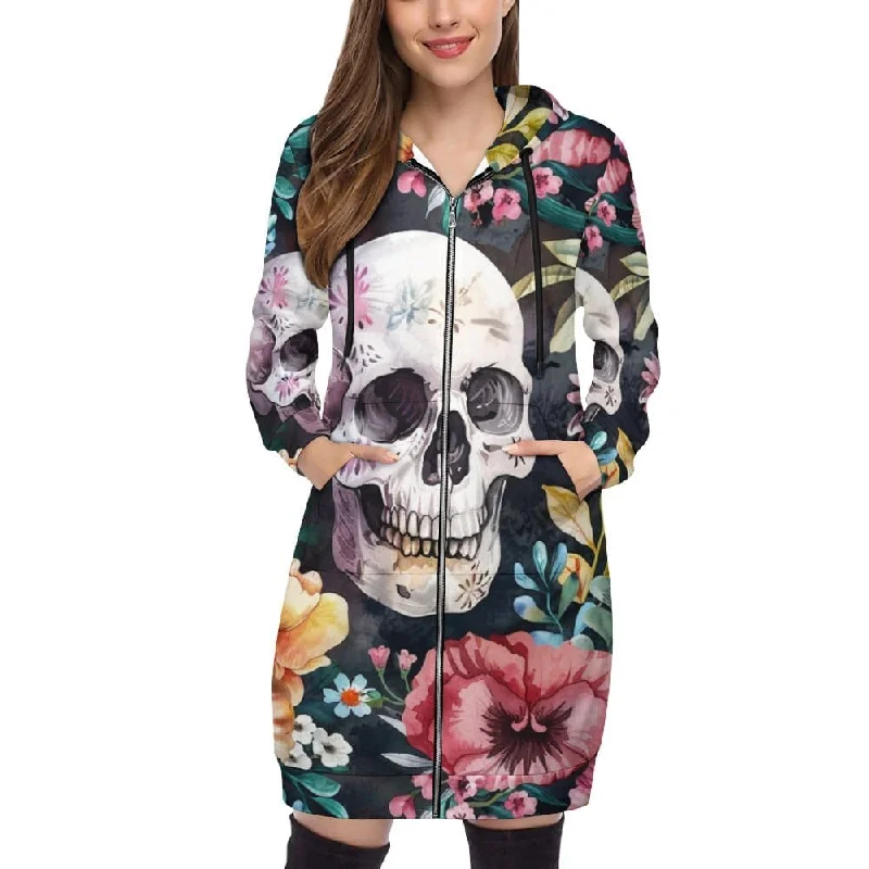 Full-Body Long Sleeves Jumpsuit DressWomen's Hooded Sweatshirt Dress! Featuring A Skull Floral design And Long Sleeves