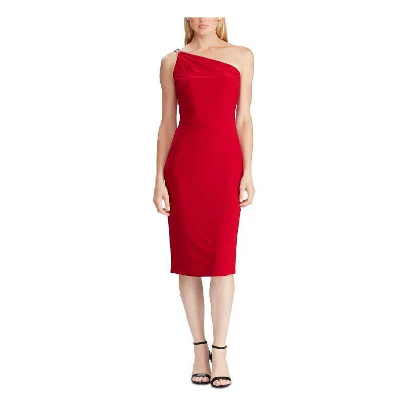 Sleeveless Dress FashionRalph Lauren Women's Embellished Sleeveless Asymmetrical Neckline Below The Knee Body Con Cocktail Dress Red Size 10