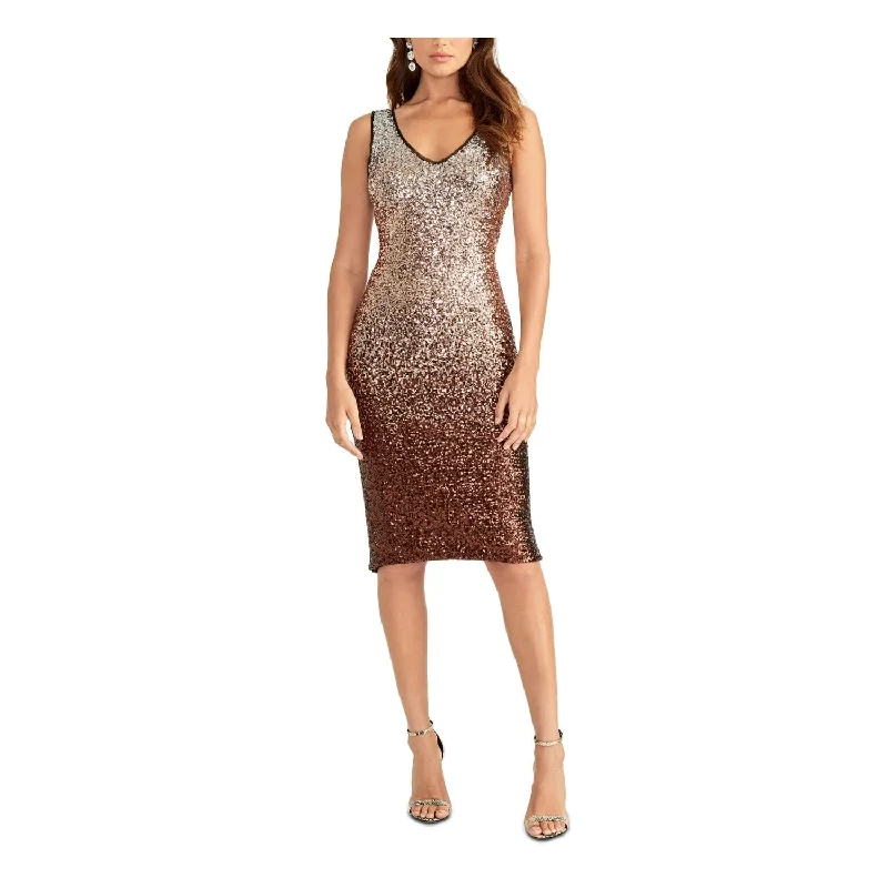 Sleeveless Dress LooseRachel Roy Women's Sequined Ombre Sleeveless V Neck Knee Length Sheath Cocktail Dress Brown Size 2