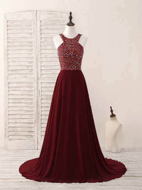 prom dress try-on ideasBurgundy Round Neck Chiffon Beads Long Prom Dress