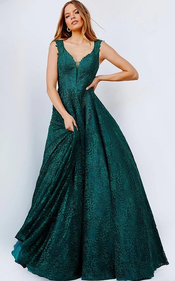 prom dresses with lace appliquésJVN09555 Emerald Plunging Neck Lace Prom Ballgown