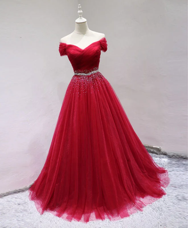 sleeveless prom dressesBurgundy Off Shoulder Tulle Long Prom Dress, Burgundy Formal Dress