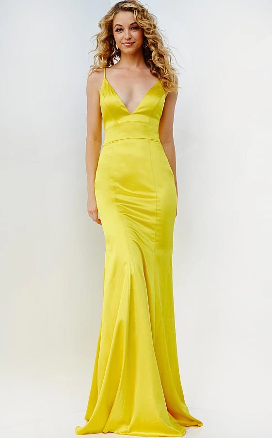 A-line prom dressesJVN08595 Yellow Simple Backless Satin Prom Dress