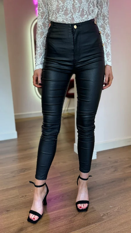 women's sweatpantsTheodora Black Leather Look Gold Button Detail Trousers