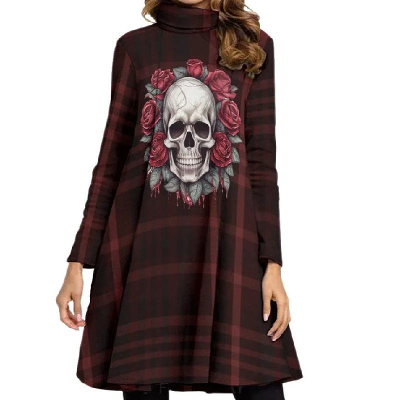 Flowy Long Sleeves DressWomen's gothic Skull And Roses High Neck Dress With Long Sleeve