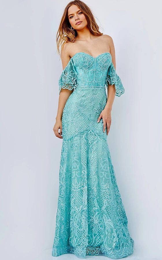 illusion neckline prom dressesJVN23986 Green Off the Shoulder Sweetheart Neck Prom Dress