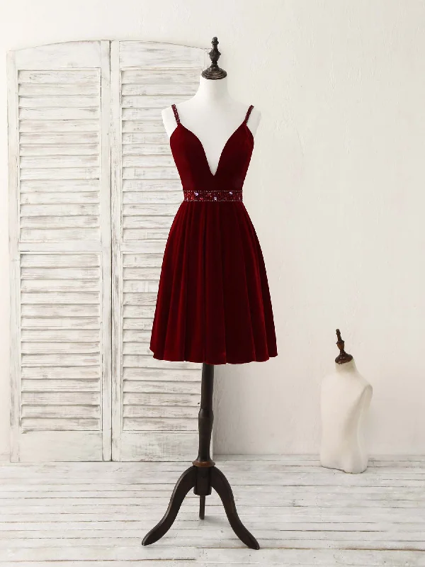 prom dresses for winterBurgundy V Neck Velvet Short Prom Dress, Burgundy Homecoming Dress