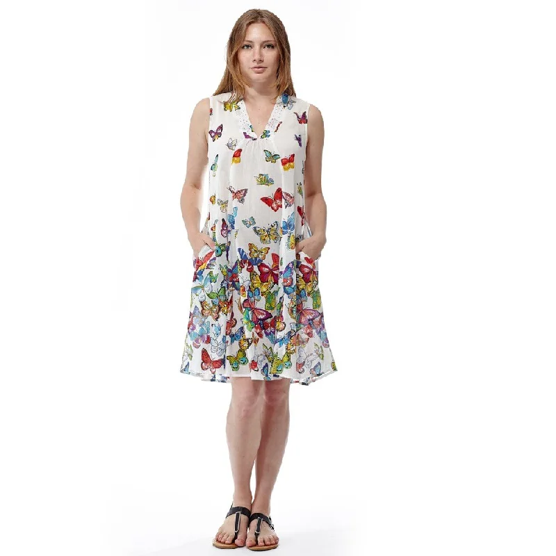 Sleeveless Dress LooseLa Cera Women's Sleeveless White Printed Dress