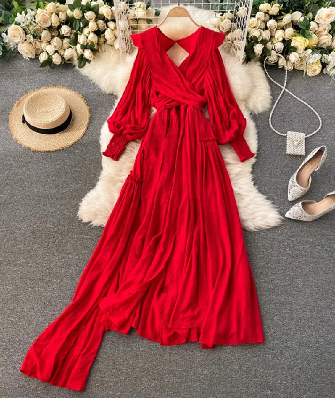 Fabulous Lace Long Sleeves DressRed A line v neck open back dress long sleeve dress  942