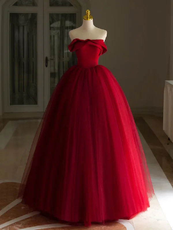 halter neck prom dressesA-Line Tulle Burgundy Long Prom Dress, Burgundy Long Formal Dress