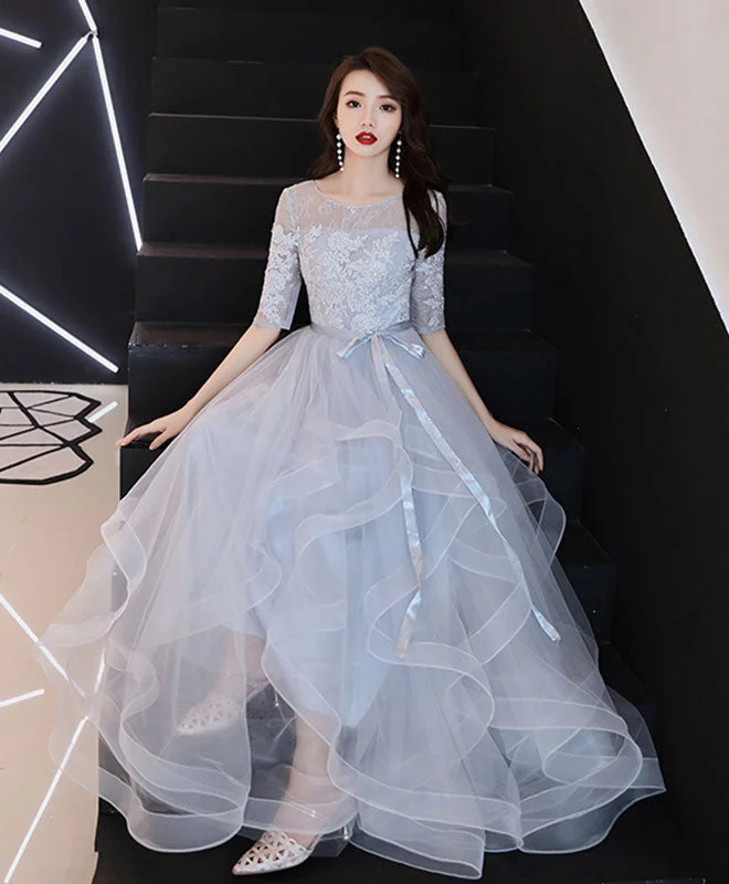 affordable prom dressesGray Tulle Lace Long Prom Dress, Gray Tulle Formal Graduation Dress