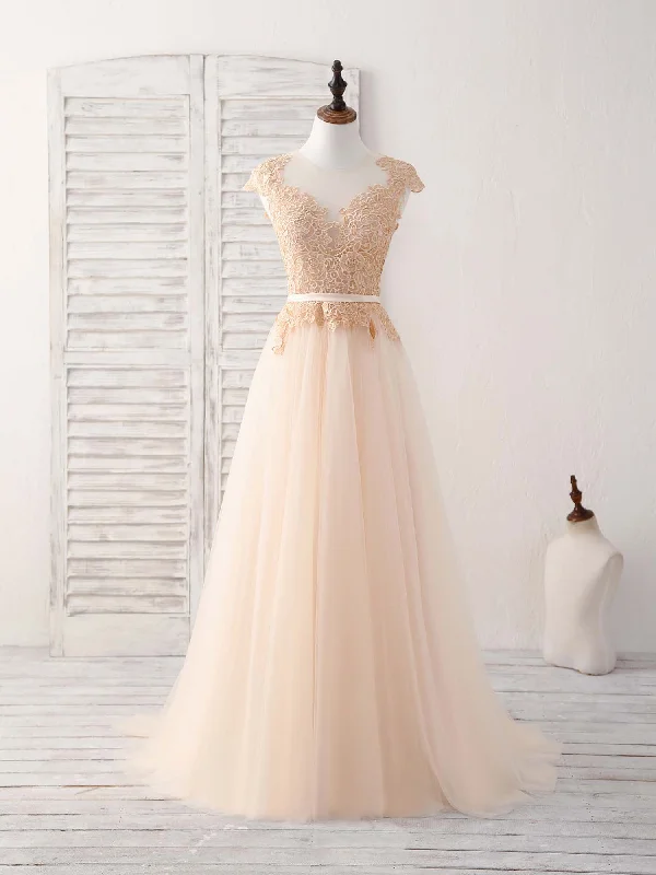 open-back prom dressesChampagne Round Neck Tulle Lace Applique Long Prom Dress