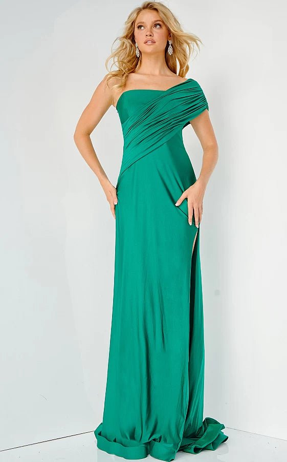 prom dresses with sequin detailingJVN22338 Emerald Off the Shoulder Sheath Prom Dress