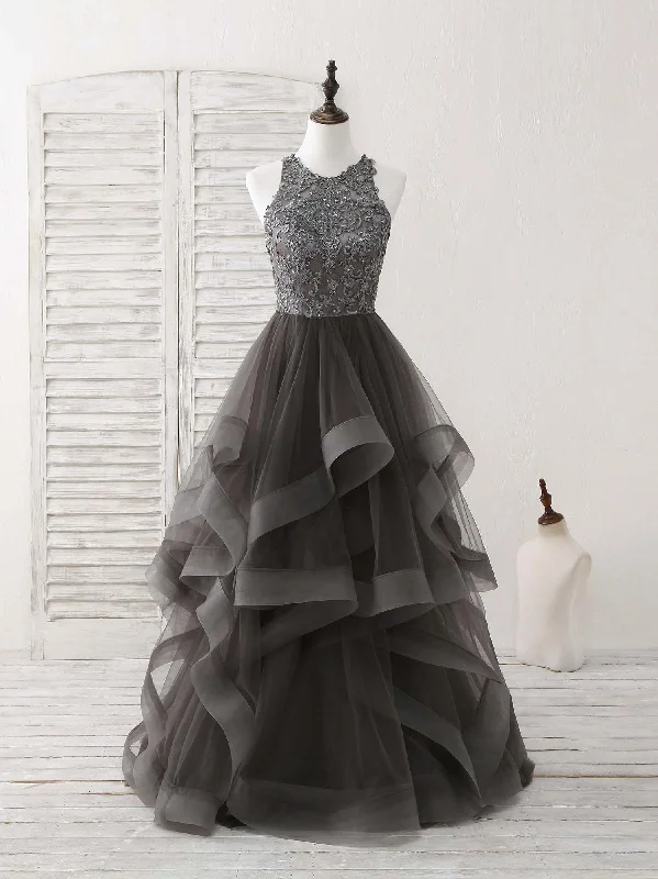 prom dress preservationUnique Round Neck Lace Applique Tulle Long Prom Dresses