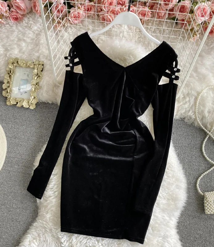 Formal Long Sleeves Sheath DressBlack velvet short dress long sleeve dress  1300