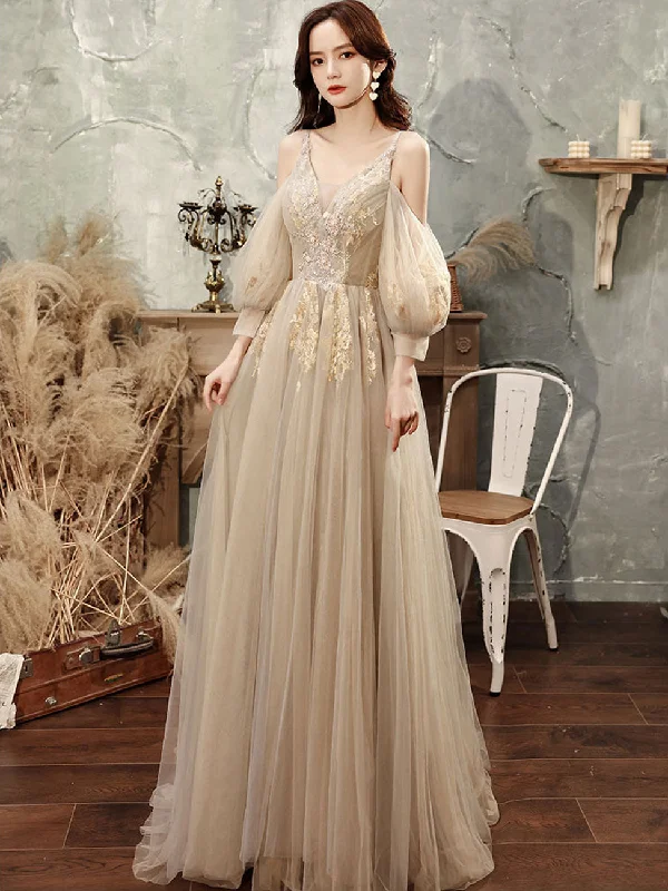 prom dress fitting adviceChampagne Tulle Lace Long Prom Dress, Champagne Formal Dresses