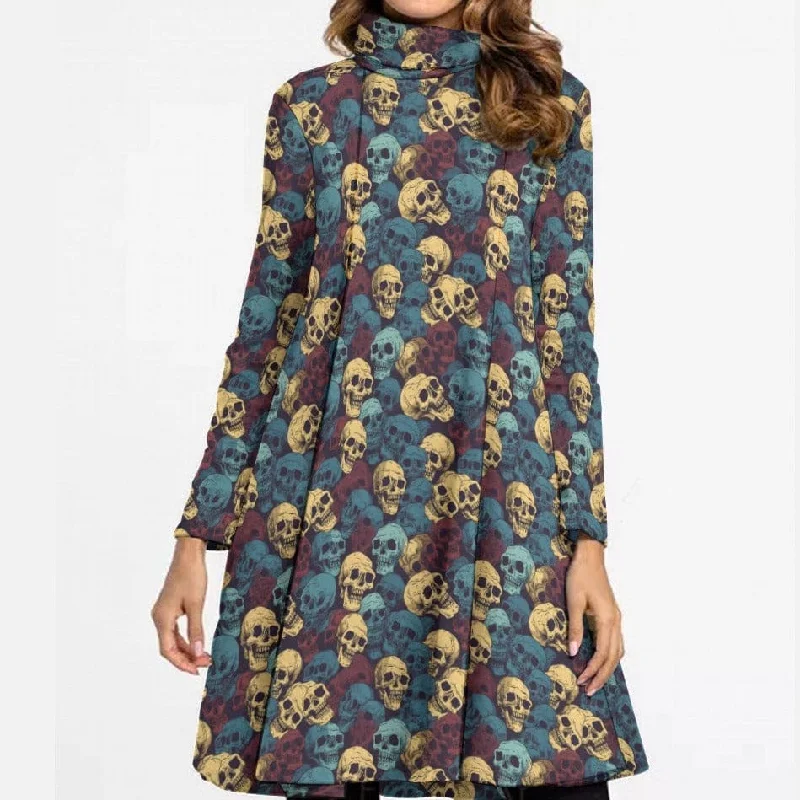 Fashionable Long Sleeves DressWomen's Blue Beigh Skulls Turtle Neck Dress With Long Sleeve