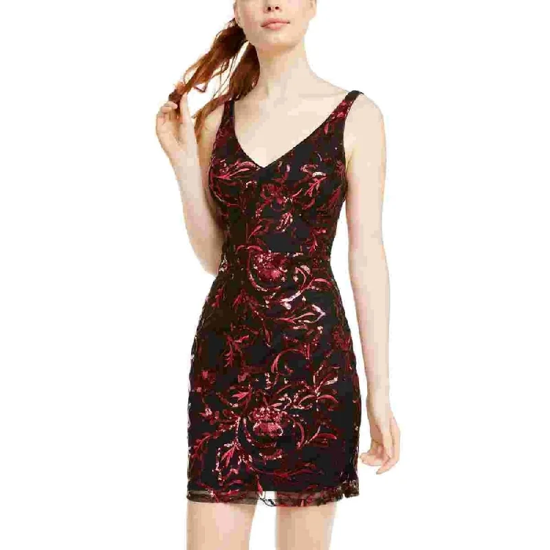 Sleeveless Dress FashionSequin Hearts Women's Sequined Printed Sleeveless V Neck Short Body Con Cocktail Dress Wine Size 9